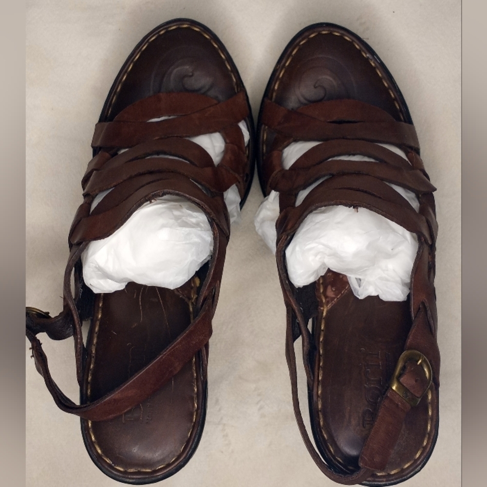 Born Leather Bohemian Woven Strappy Slingback Brown Classic Hippie Wedge Sandals - Picture 2 of 10
